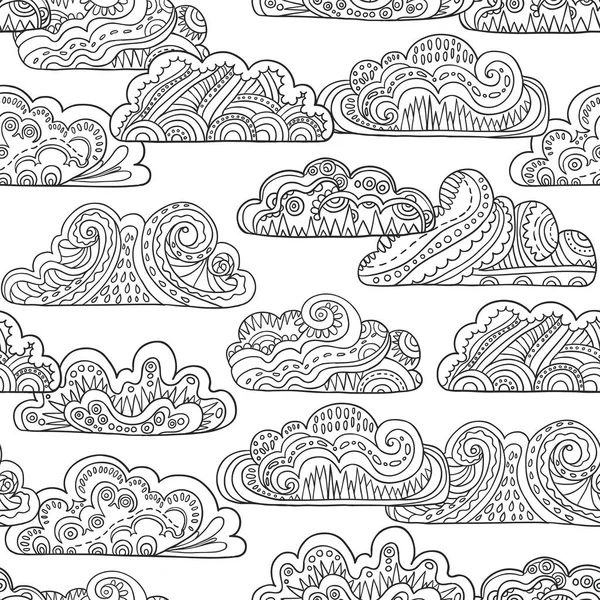 Modello senza soluzione di continuità con doodle ornate nuvole di mandala in bianco e nero. Illustrazione del vettore disegnato a mano. — Vettoriale Stock