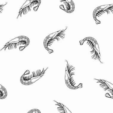 Deniz ürünleri, karides ve klasik oymacılık tarzında çizilmiş kusursuz desenler. El çizimi, siyah beyaz çizim.