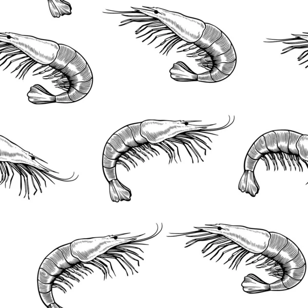 Motif sans couture avec fruits de mer, crevettes, dessiné dans un style de gravure vintage. Dessin main, noir et blanc Illustration. — Image vectorielle