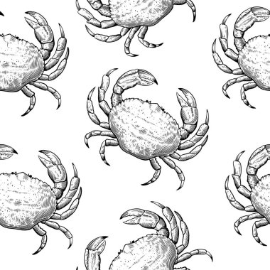 Eskiz oymacılığı tarzında el çizimi yengeçleri olan klasik dikişsiz desen. Tekstil ve ambalaj kağıdı için yiyecek baskısı.