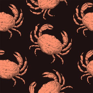 Eskiz oymacılığı tarzında el çizimi yengeçleri olan klasik dikişsiz desen. Tekstil ve ambalaj kağıdı için yiyecek baskısı.