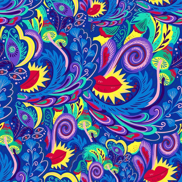 Färgglada sömlösa mönster med galna psykedeliska organiska abstrakta element, tryck med växt- och svampmotiv och ljusa neonfärger — Stock vektor