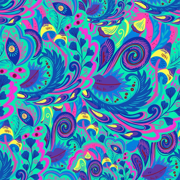 Motif sans couture coloré avec des éléments psychédéliques abstraits organiques fous, imprimé avec des motifs de plantes et de champignons et des couleurs fluo lumineuses — Image vectorielle