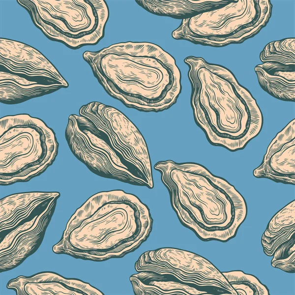 Vintage seamless pattern with oyster shells in engraving sketch hand drawn style Print with mussels elements — Wektor stockowy