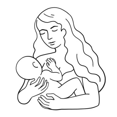 Beautiful woman breastfeeding baby. Line trendy art vector illustrations isolated on white background.