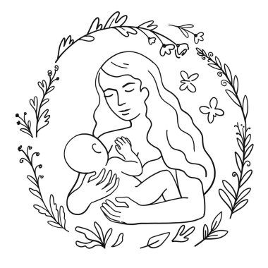 Beautiful woman breastfeeding baby. Line trendy art vector illustrations isolated on white background.