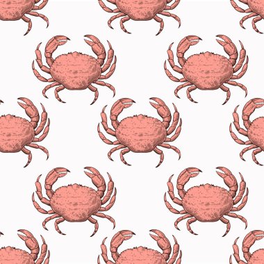 Vintage seamless pattern with hand drawn crabs in sketch engraving style. Sea food print for textile and wrapping paper.