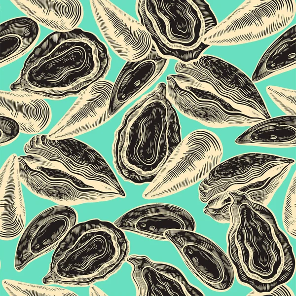 Vintage seamless pattern with oyster shells in engraving sketch hand drawn style Print with mussels elements — Stock Vector