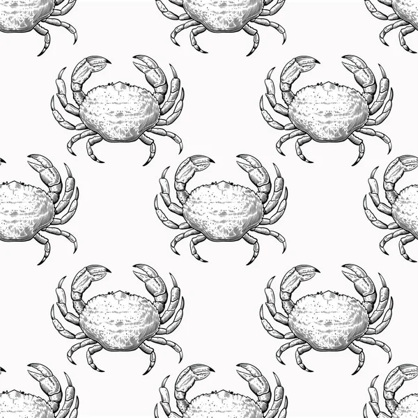 Vintage seamless pattern with hand drawn crabs in sketch engraving style. Sea food print for textile and wrapping paper. — Stock Vector