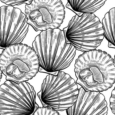 Seamless pattern in line art vintage style with scallops. Sea food texture for wrapping, design, fabric