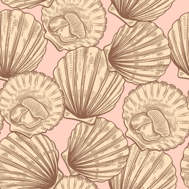 Seamless pattern in line art vintage style with scallops. Sea food texture for wrapping, design, fabric