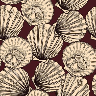 Seamless pattern in line art vintage style with scallops. Sea food texture for wrapping, design, fabric