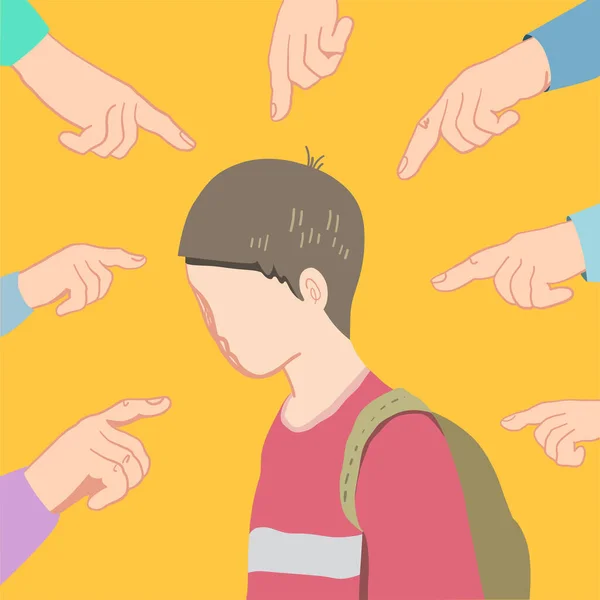 A schoolboy boy suffers from school bullying. Hands point a finger at him. Conceptual vector abstract illustration — Διανυσματικό Αρχείο