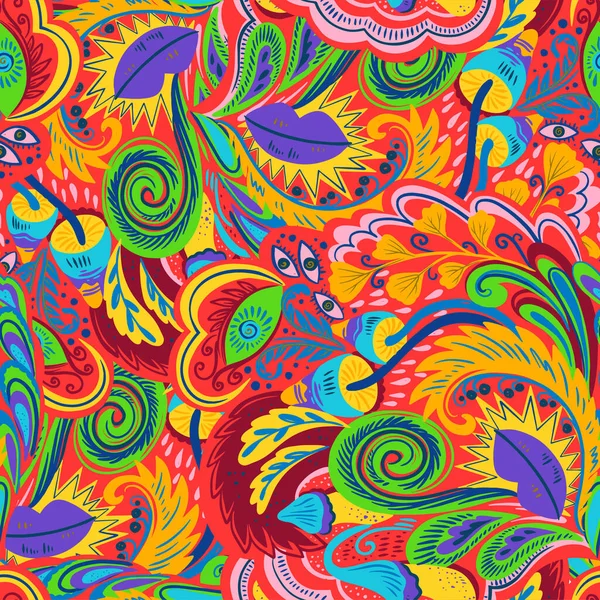 Farbenfrohe nahtlose Muster mit verrückten psychedelischen organischen abstrakten Elementen, Print mit Pflanzen und Pilzen — Stockvektor