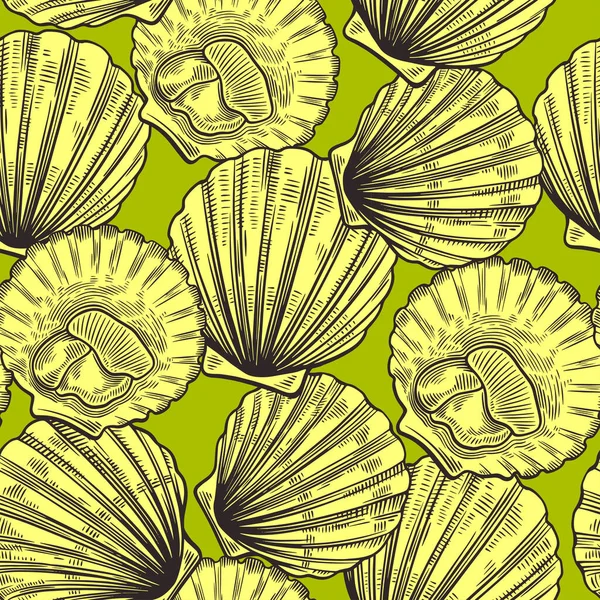 Seamless pattern in line art vintage style with scallops. Sea food texture for wrapping, design, fabric — Stok Vektör