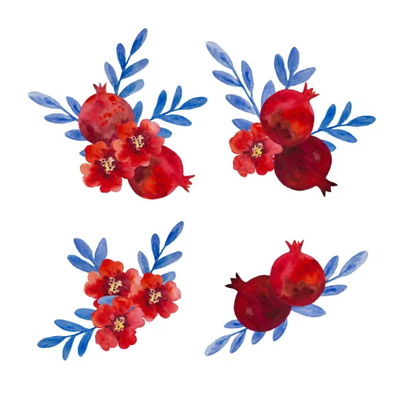 Originele aquarel composities van granaatappel bloemen en granaatappel fruit voor decor, bruiloft uitnodigingen, verjaardagskaarten — Stockfoto