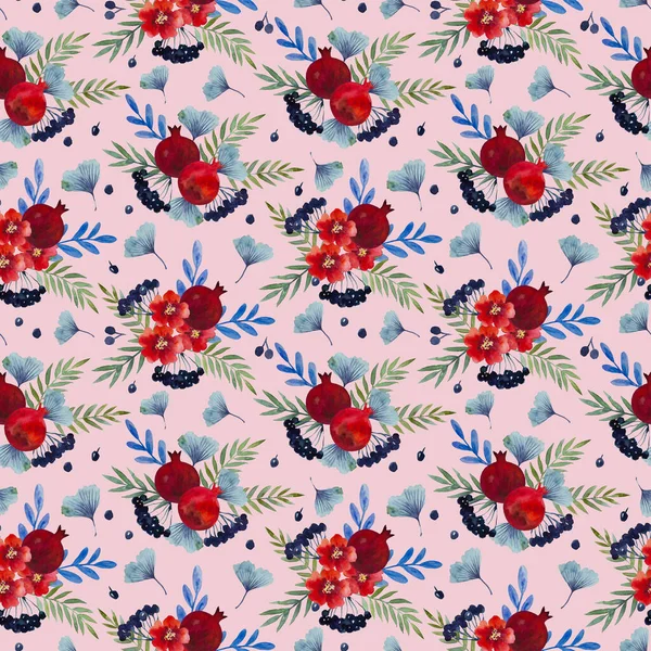 Aquarel naadloos patroon met granaatappel bloemen en takken. Handgeschilderde illustratie. — Stockfoto