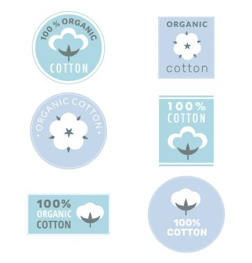 Collection of cotton labels and organic cotton signs with delicate pastel colors isolated on white background. 