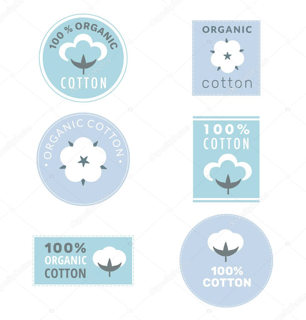 Collection of cotton labels and organic cotton signs with delicate pastel colors isolated on white background. 