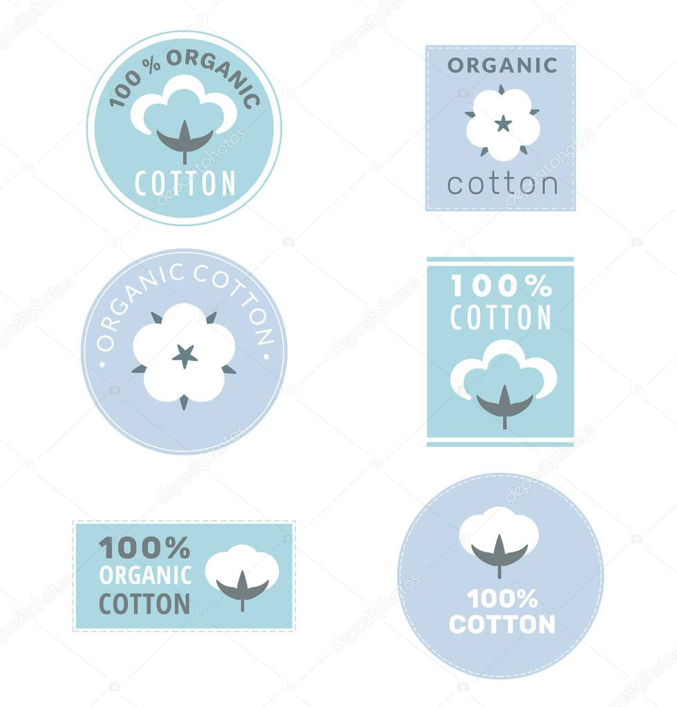 Collection of cotton labels and organic cotton signs with delicate pastel colors isolated on white background. . Vector illustration