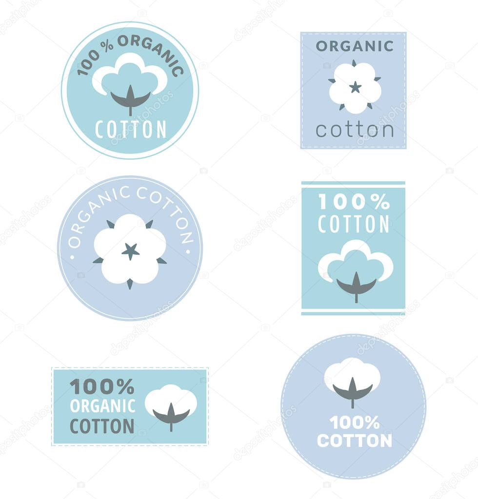 Collection of cotton labels and organic cotton signs with delicate pastel colors isolated on white background. 