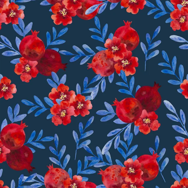 Watercolor seamless pattern with pomegranate flowers and branches. Hand painted illustration. 