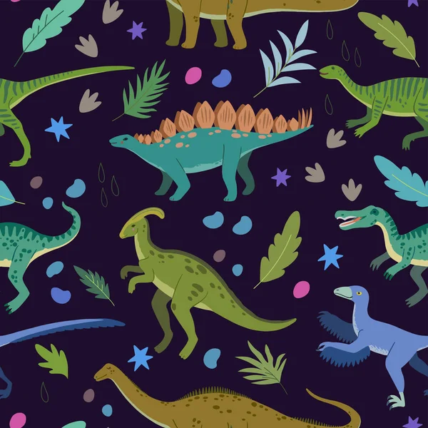 Seamless pattern with cartoon doodle dinosaurs and nature elements, rocks, leaves and stars. Adorable children design. — ストックベクタ