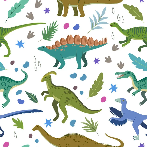 Modèle sans couture avec des dinosaures doodle dessin animé et des éléments de la nature, des roches, des feuilles et des étoiles. Adorable conception des enfants. — Image vectorielle