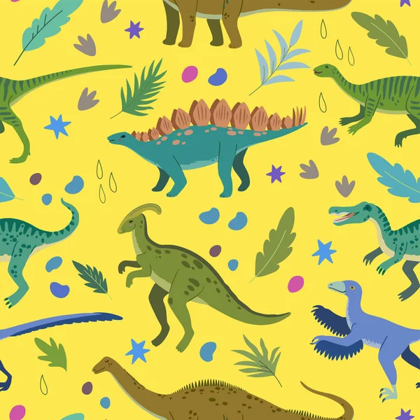 Patrón sin costuras con dibujos animados doodle dinosaurios y elementos de la naturaleza, rocas, hojas y estrellas. Diseño adorable de los niños. — Vector de stock