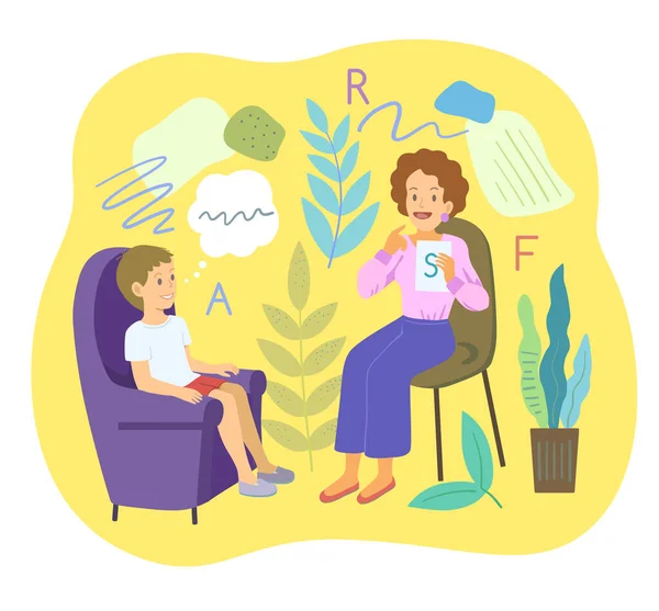Ženská řečová terapeutka s předškolním klukem dělají logopedická artikulační cvičení. Kreslený vektorový obrázek. — Stockový vektor