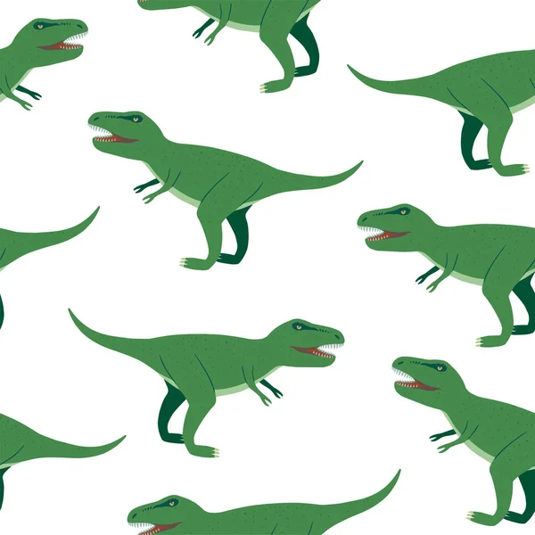Nahtloses Muster mit wütenden Tyrannosaurus-Rex-Zeichentrickfiguren für Kinderdesign, Textilien und Accessoires. — Stockvektor
