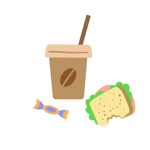 하얀 배경에는 커피 페이퍼 컵, 물린 샌드위치, 사탕 사탕등 이 있다. 아침의 주제에 대한 개념적 인 삽화. — 스톡 벡터