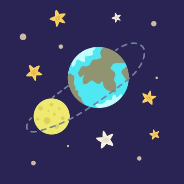 Dünya uzayda ve Ay yörüngede. Yıldızlı güzel bir el çizimi..