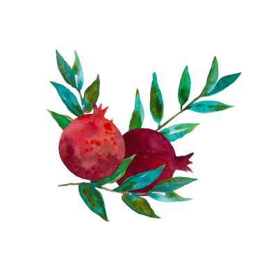 Dekor, düğün davetiyeleri ve doğum günü kartları için armut çiçeği ve nar meyvelerinin orijinal suluboya kompozisyonu