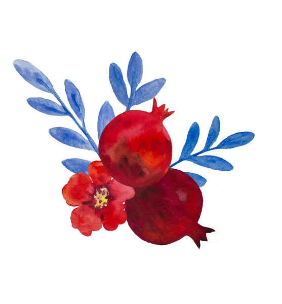 Originele aquarel samenstelling van granaatappel bloemen en granaatappel fruit voor decor, bruiloft uitnodigingen, verjaardagskaarten — Stockfoto