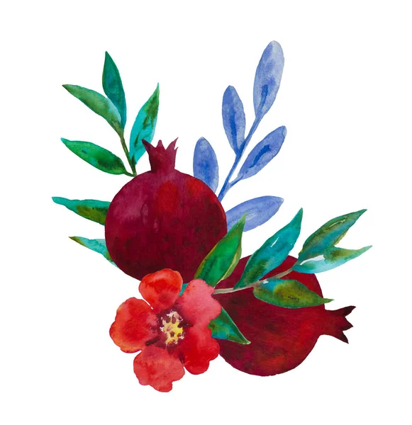 Composição aquarela original de flores granadas e frutas de romã para decoração, convites de casamento, cartões de aniversário — Fotografia de Stock