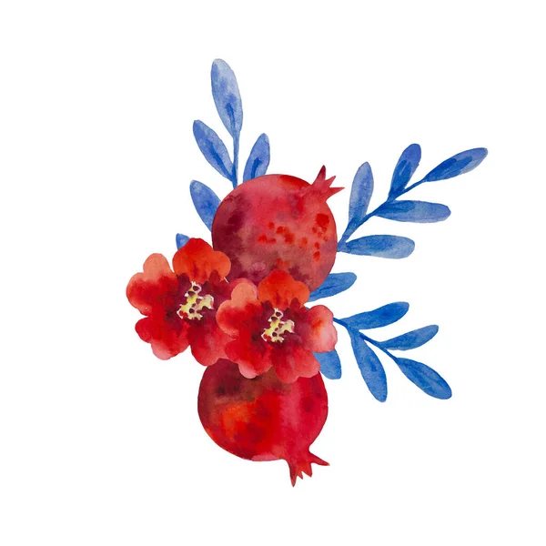 Originele aquarel samenstelling van granaatappel bloemen en granaatappel fruit voor decor, bruiloft uitnodigingen, verjaardagskaarten — Stockfoto