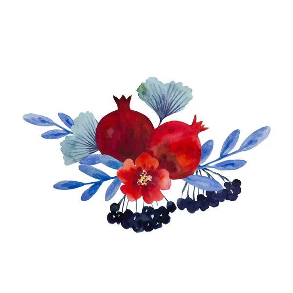 Originele aquarel samenstelling van granaatappel bloemen en granaatappel fruit voor decor, bruiloft uitnodigingen, verjaardagskaarten — Stockfoto