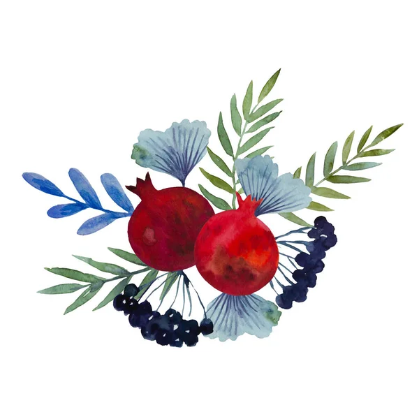 Composizione acquerello originale di fiori di granato e frutti di melograno per arredamento, inviti nuziali, biglietti di compleanno — Foto Stock