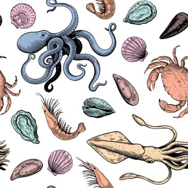 Ahşap kesim stili ve pastel renkler, yumuşakçalar, ahtapot ve yengeç gibi deniz ürünleri elementleriyle kusursuz bir desen..
