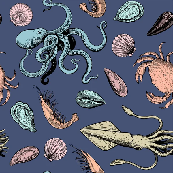 Motif sans couture avec des éléments de fruits de mer dans le style de la gravure sur bois et pastel couleurs délicates, mollusques, poulpe et crabes. — Image vectorielle