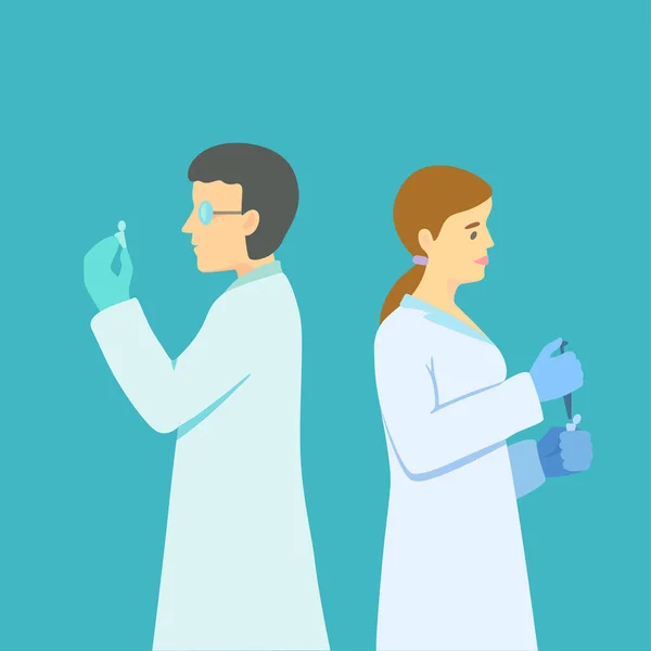 Forskare, man och kvinna håller pipetter och rör i händerna och bedriver molekylärbiologisk bioteknisk forskning. — Stock vektor