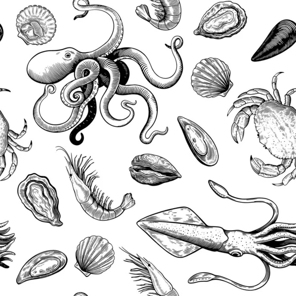 Padrão sem costura com elementos de frutos do mar em estilo xilogravura desenhada à mão em cores preto e branco, moluscos e caranguejos. —  Vetores de Stock
