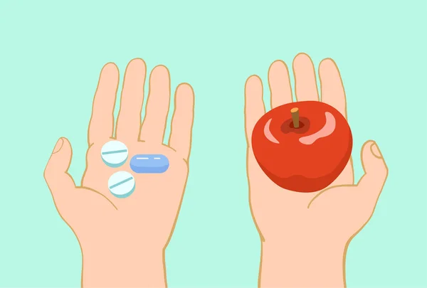 Due mani, una con una mela e l'altra con una pillola. Illustrazione concettuale del vettore su uno stile di vita sano. — Vettoriale Stock