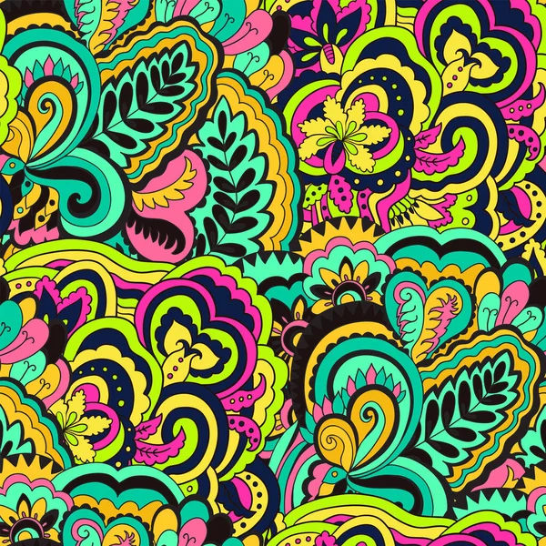 Světlý barevný bezešvý vzor s květinovým a rostlinným prvkem v psychedelickém pulzujícím funky stylu pro textil a design. — Stockový vektor