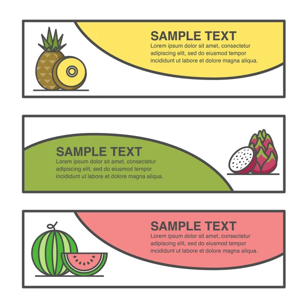 Diseño de etiquetas de frutas para piña, fruta de dragón y productos de sandía . — Vector de stock