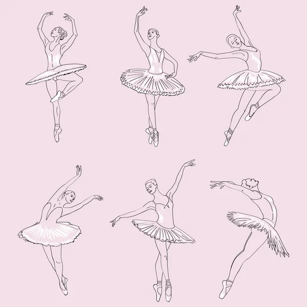 Set hand getekende schetsen jonge ballerina's permanent in een pose. — Stockvector