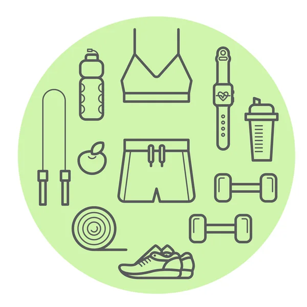 Fitness equipamentos e roupas itens em círculo composição —  Vetores de Stock