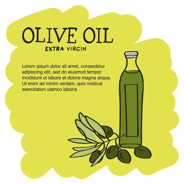 Hand getekend olijfolie fles op lichtgroene achtergrond — Stockvector