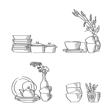 Mutfak eşyası ve çatal bıçak takımı el şafak illüstrasyon.